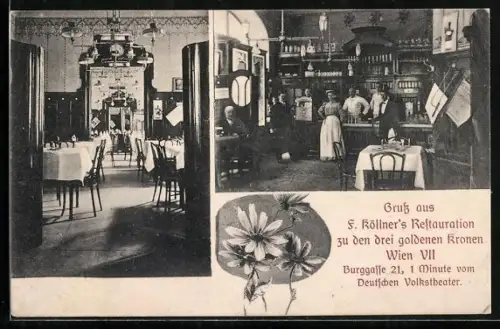 AK Wien, F. Köllner`s Restaurant zu den drei goldenen Kronen, Innenansichten, Burggasse 21