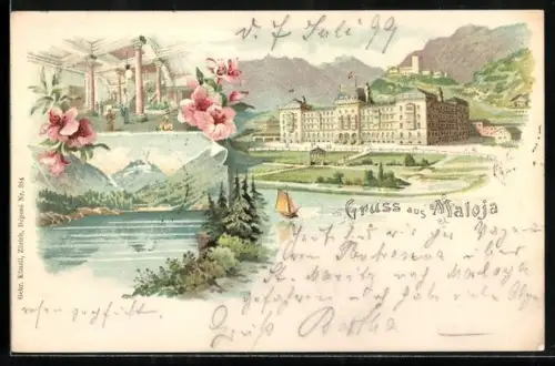 Lithographie Maloja, Hotel Kursaal Palace Maloja, Gewässer