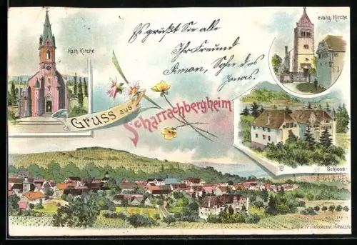 Lithographie Scharrachbergheim, Schloss, Kath. Kirche, Evang. Kirche, Ortsansicht