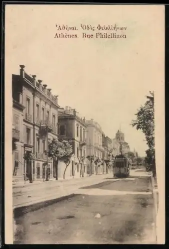 AK Athenes, Rue Philellinon, Strassenbahn