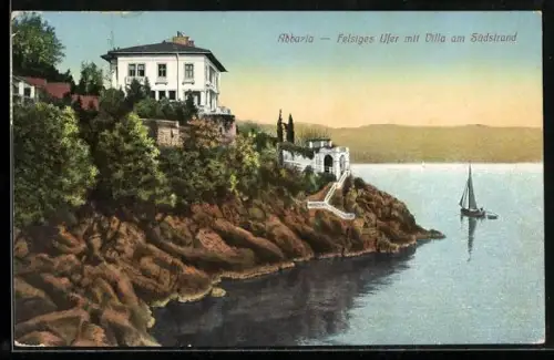 AK Abbazia, Felsiges Ufer mit Villa am Südstrand