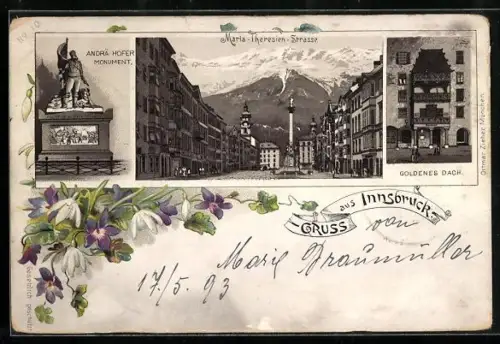 Lithographie Innsbruck, Andrä Hofer Monument, Maria-Theresien-Strasse und Goldenes Dach