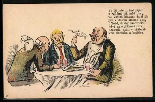 AK Scherz mit drei Herren am gedeckten Tisch einer isst Fisch, anderer hat Katze auf dem Rücken