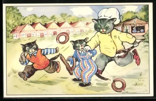 AK Koch verfolgt freche Katzenkinder mit gestohlener Wurst, vermenschlichte Tiere