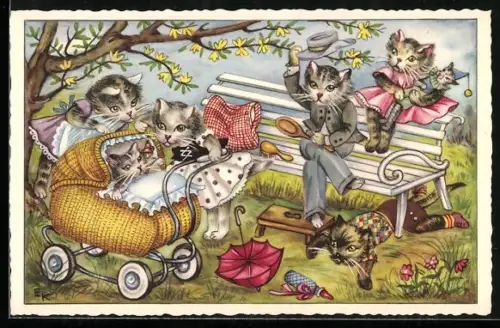 AK Vermenschlichte Katzen spielen im Park