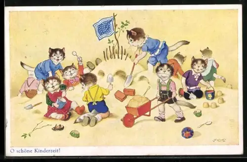 Künstler-AK Fritz Baumgarten: O schöne Kinderzeit!, Kätzchen spielen im Sand