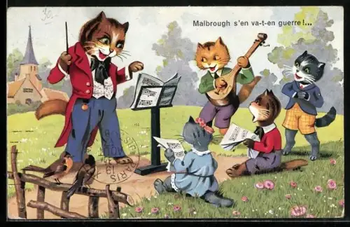 AK Musikunterricht für Katzenbuben unter freiem Himmel