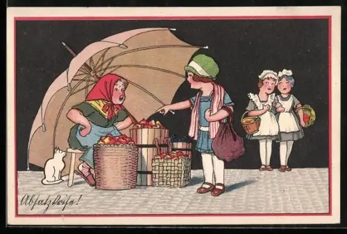 AK Mädchen verhandelt mit einer Obstverkäuferin auf dem Markt