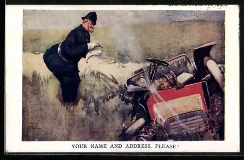 Künstler-AK Lawson Wood: Your Name an Adress, Please !, Polizist nimmt einen Unfall-Bericht auf
