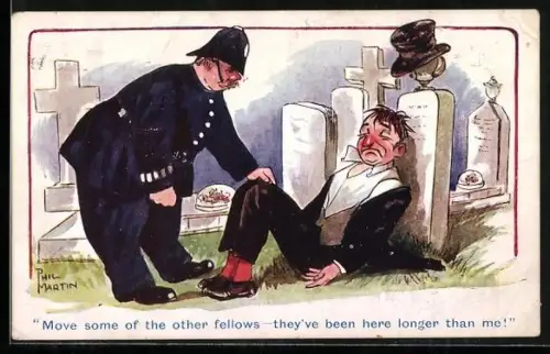 Künstler-AK sign. Phil Martin: Faites partit d`abord..., Trinkerhumor, Polizist