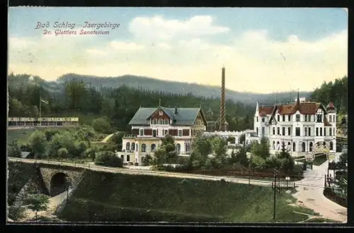 AK Bad Schlag, Ortspartie mit erstem ev. Töchterheim in Böhmen