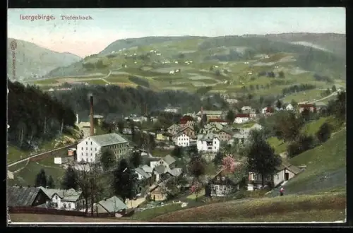 AK Tiefenbach / Isergebirge, Feldpartie mit Blick zum Ort