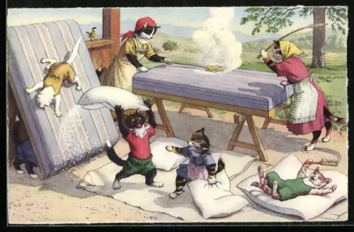 Künstler-AK Katzenfrauen klopfen die Betten aus