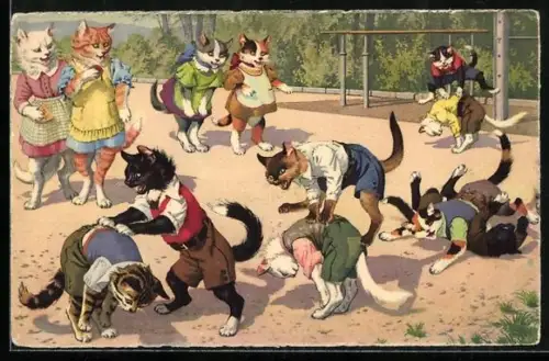 Künstler-AK Katzensport mit Bockspringen