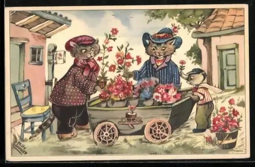 Künstler-AK Katzen mit Blumen im Karren