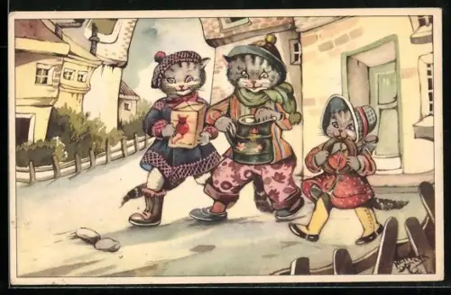 Künstler-AK Katzenfamilie verlässt mit Wurstring und Tüten das Haus, vermenschlichte Tiere