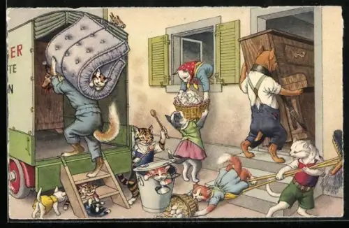 AK Katzen-Familie beim Umzug