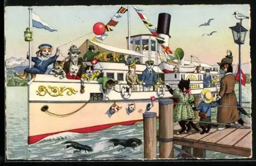 AK Katzen bei einer lustigen Dampferfahrt, vermenschlichte Tiere