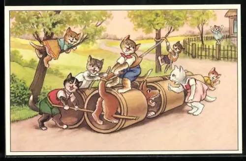 AK Katzenkinder ärgern einen Hund, vermenschlichte Tiere