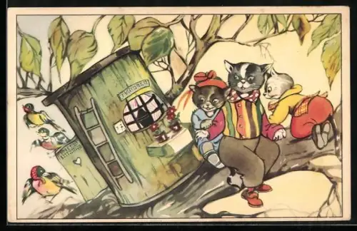 Künstler-AK Katzenfamilie auf einem Baum