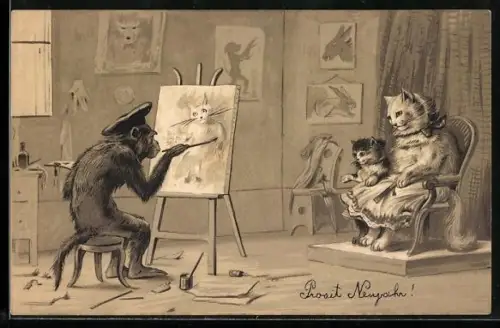 Lithographie Affe in seinem Atelier portraitiert Katzen