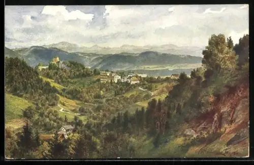 Künstler-AK Grein a. d. Donau, Ortsansicht aus der Ferne