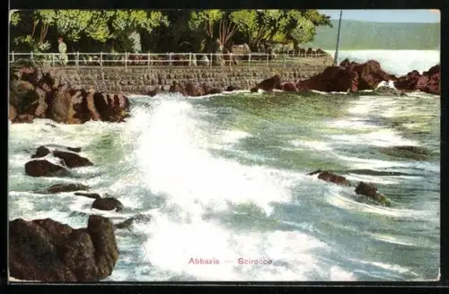AK Abbazia, Scirocco, an den rauen Felsen