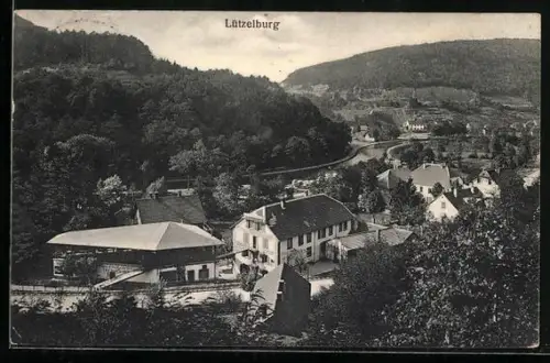 AK Lützelburg, Hotel zum Bahnhof aus der Vogelschau