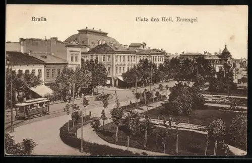 AK Braila, Platz des Heiligen Erzengel, Strassenbahn