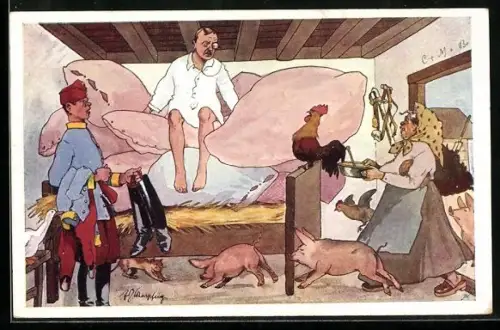 Künstler-AK Fritz Schönpflug: Offizier hat sein Lager in einem Stall bezogen