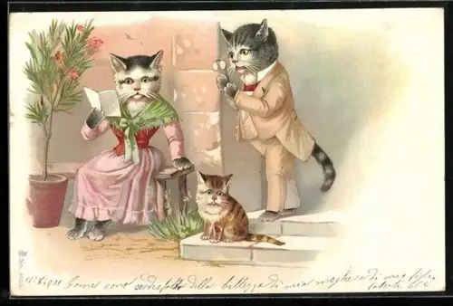 Künstler-AK Katzendame mit Buch, Kater mit Zwicker
