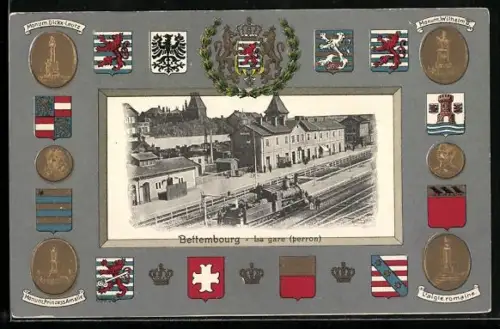 AK Bettembourg, La gare Gleisseite, Wappen und Monumente