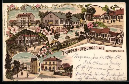 Lithographie Hagenau, Hotel-Restaurant Hirsch, Baracken und Wirtschaften