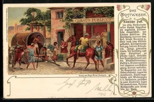 AK Das Postwesen, Römische Post, Postverkehr, eingerichtet im röm. Reich unter Kaiser Augustus