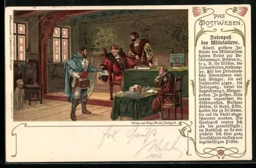 AK Botenpost im Mittelalter, Bote überreicht einen Brief