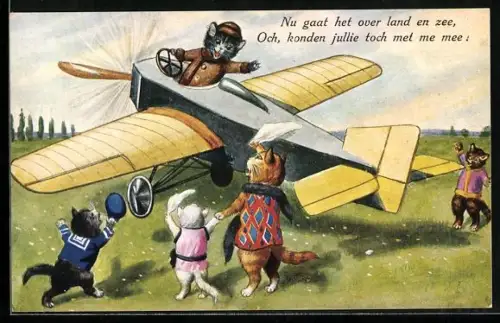 AK Der erste Flug einer Katze, vermenschlichte Tiere
