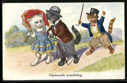 Künstler-AK Katze trifft neuen Kater, vermenschlichte Tiere