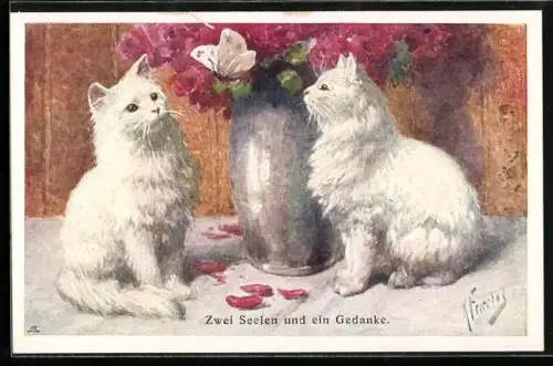 Künstler-AK Karl Feiertag: Zwei Seelen und ein Gedanke, Schmetterling und Katzen
