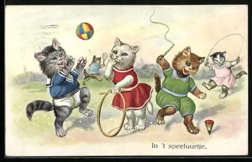AK Kätzchen beim Spiel mit Ball, Reifen, Kreisel und Springseil