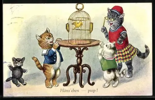 AK Der Kanarienvogel, eine Katzengrossmutter zeigt ihren Enkeln einen Vogelkäfig