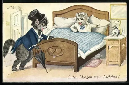 AK Bei Nacht sind alle Katzen grau, aber am morgen..., vermenschlichte Tiere
