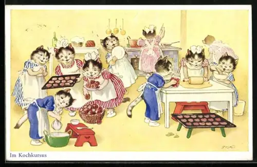 Künstler-AK Fritz Baumgarten: Kochkursus in der Katzenschule