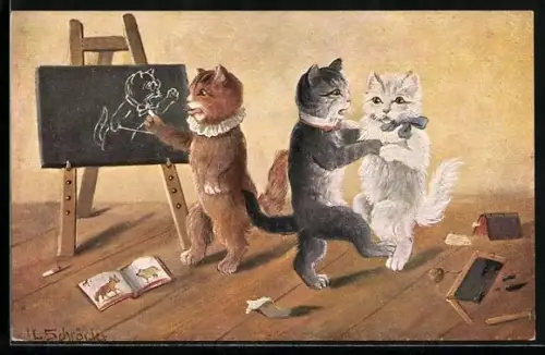 AK Katzenschüler malen an der Tafel und tanzen, während der Lehrer abwesend ist