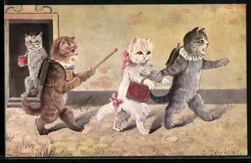 Künstler-AK Katzenschüler nach Schulschluss, vermenschlichte Tiere