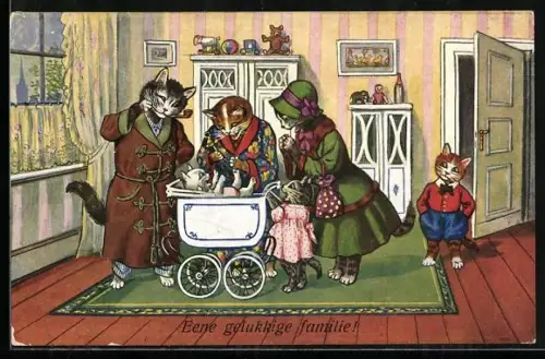 AK Katzen stehen um den Kinderwagen, Eine glückliche Familie, vermenschlichte Tiere