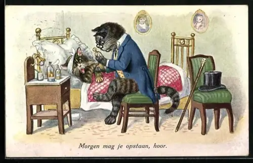 AK Katzendoktor bei einer Katze am Bett, vermenschlichte Tiere