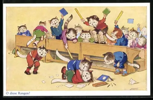 Künstler-AK Fritz Baumgarten: O diese Rangen!, Kätzchen prügeln sich in der Schulpause