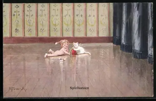 Künstler-AK Elly Frank: spielendes Kind mit einer Katze auf einem Dielenboden