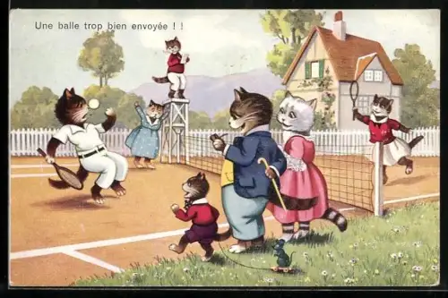 AK Katzen spielen Tennis, vermenschlichte Tiere