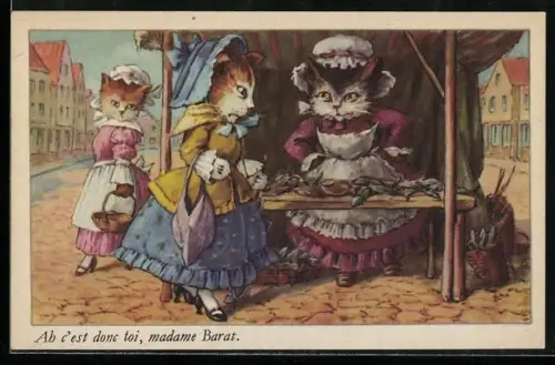 AK Katzendame begutachtet die Waren am Marktstand, vermenschlichte Tiere